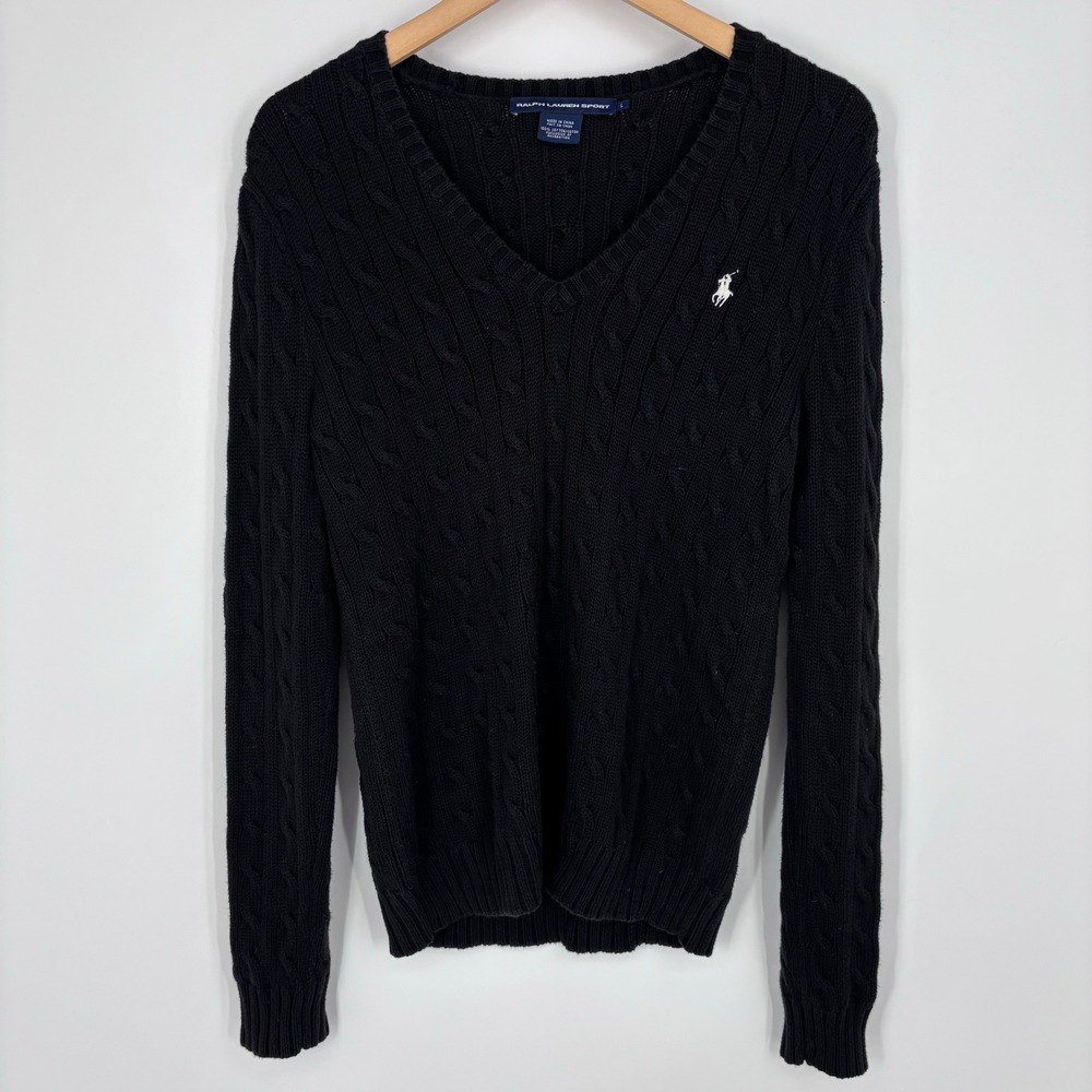 Polo Ralph Lauren Sport Cable Knit V-Neck Sweater Women L Black Pony Preppy